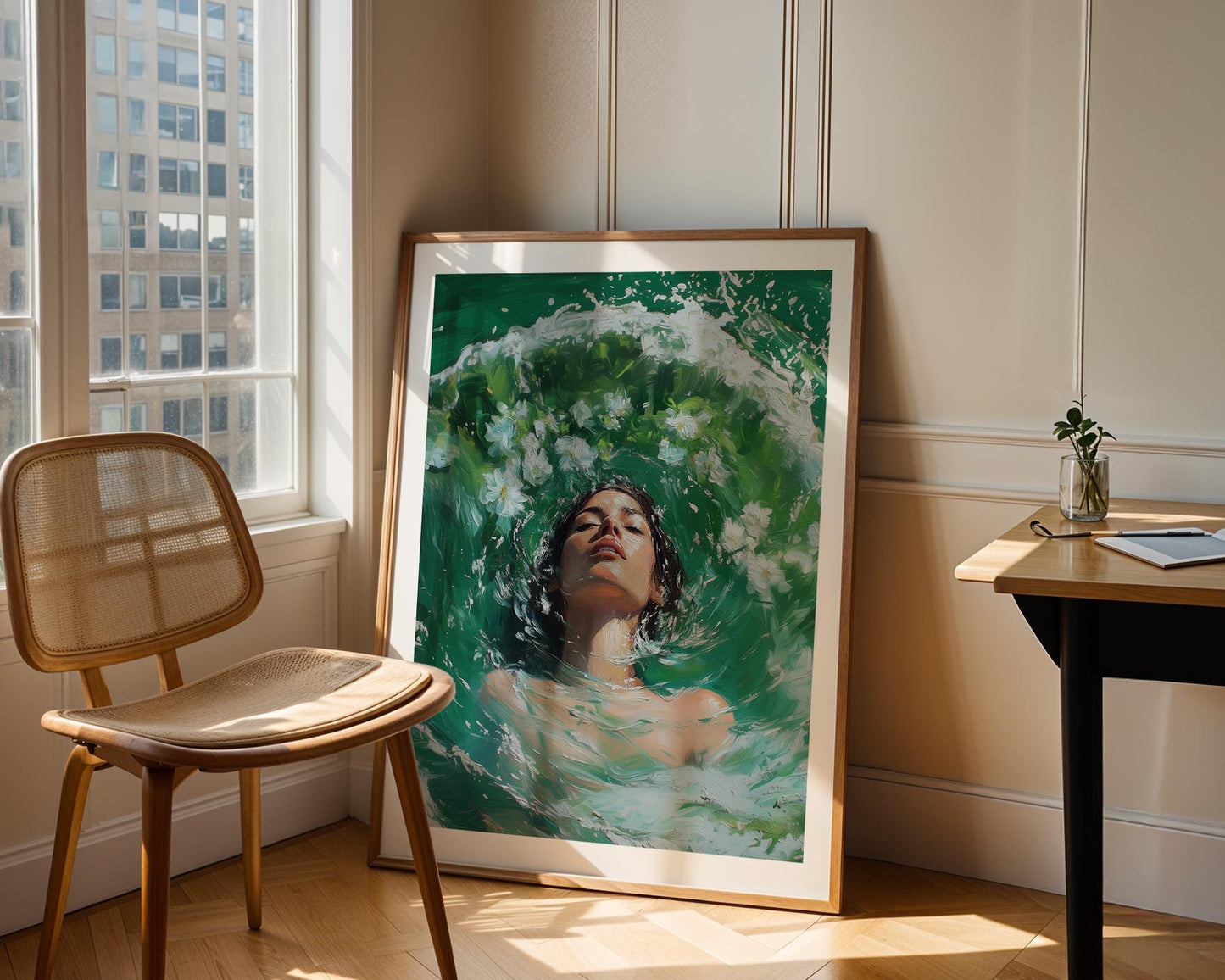 Woman in Water Oil Painting Print - Ethereal Female Portrait with Flowers, Green Aqua Brushstrokes, Dreamy Surreal Art Wall Decor