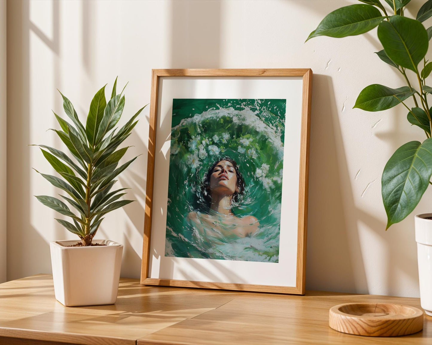 Woman in Water Oil Painting Print - Ethereal Female Portrait with Flowers, Green Aqua Brushstrokes, Dreamy Surreal Art Wall Decor