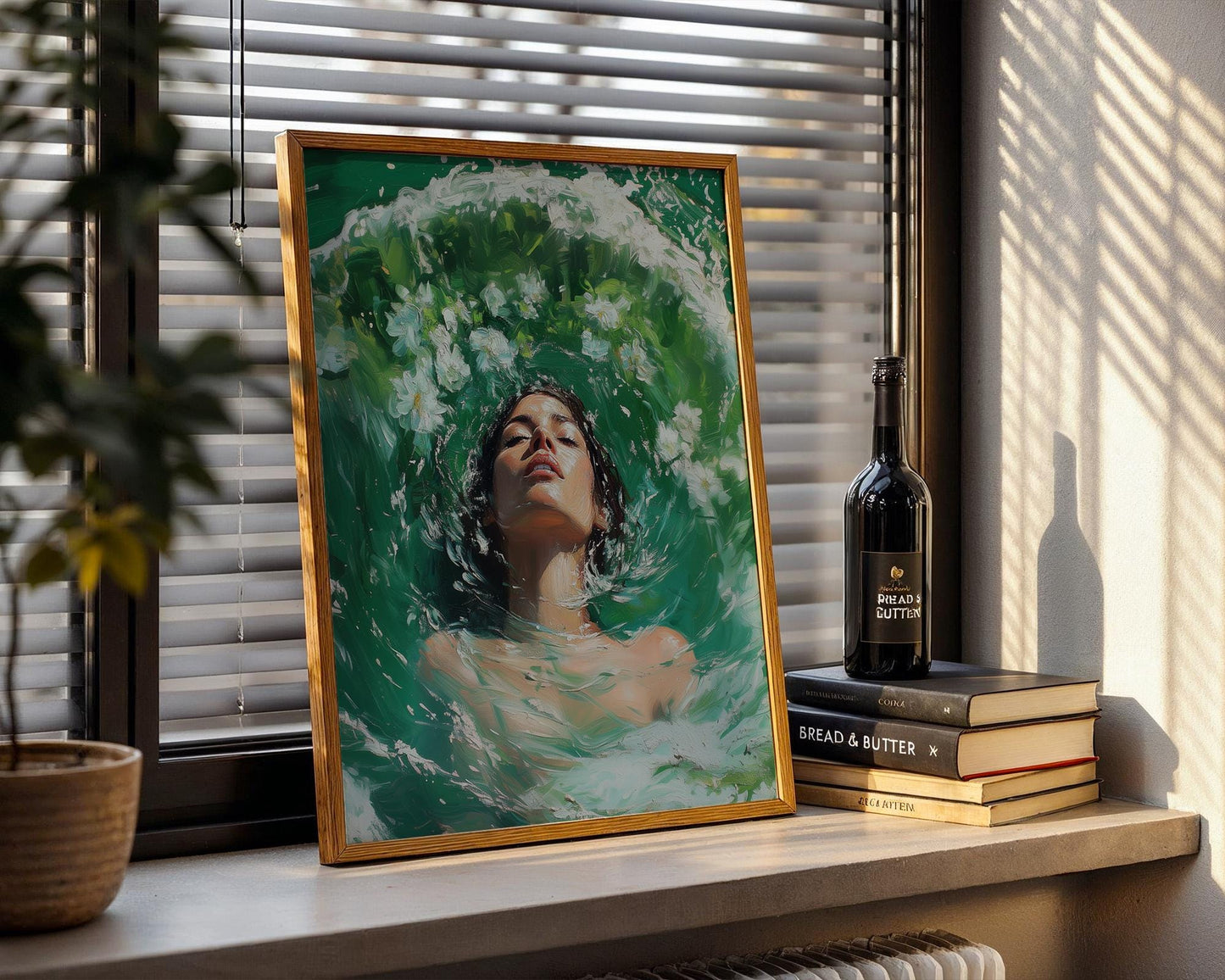Woman in Water Oil Painting Print - Ethereal Female Portrait with Flowers, Green Aqua Brushstrokes, Dreamy Surreal Art Wall Decor