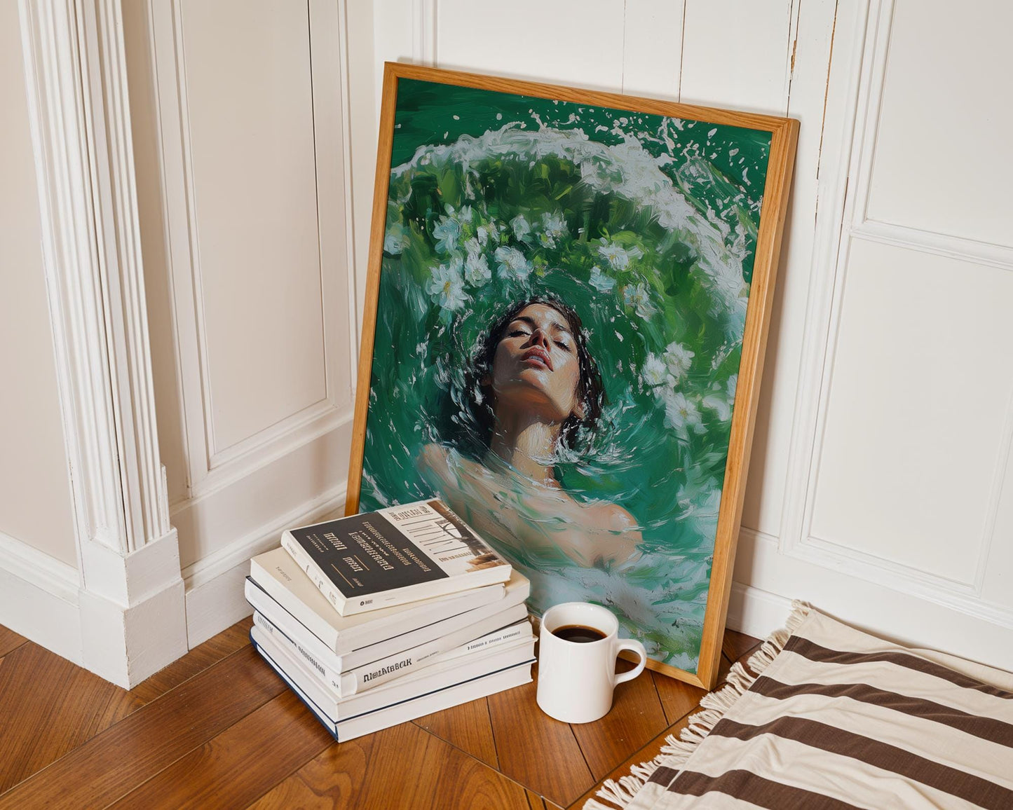 Woman in Water Oil Painting Print - Ethereal Female Portrait with Flowers, Green Aqua Brushstrokes, Dreamy Surreal Art Wall Decor