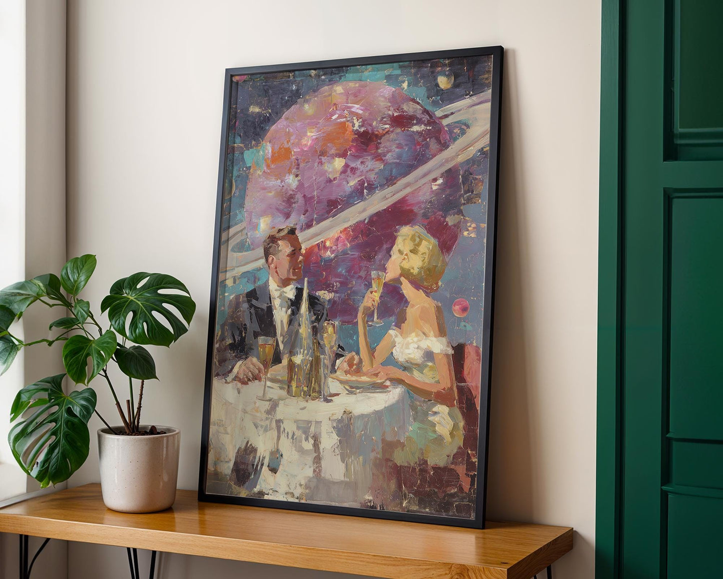 Space Date – Retro Futuristic Romantic Print - Acrylic Painting Style - Midcentury Couple Dining in Space - Saturn Wall Art - Intergalactic