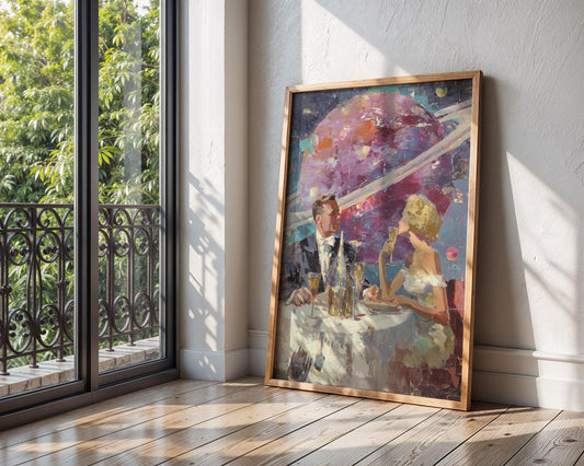 Space Date – Retro Futuristic Romantic Print - Acrylic Painting Style - Midcentury Couple Dining in Space - Saturn Wall Art - Intergalactic