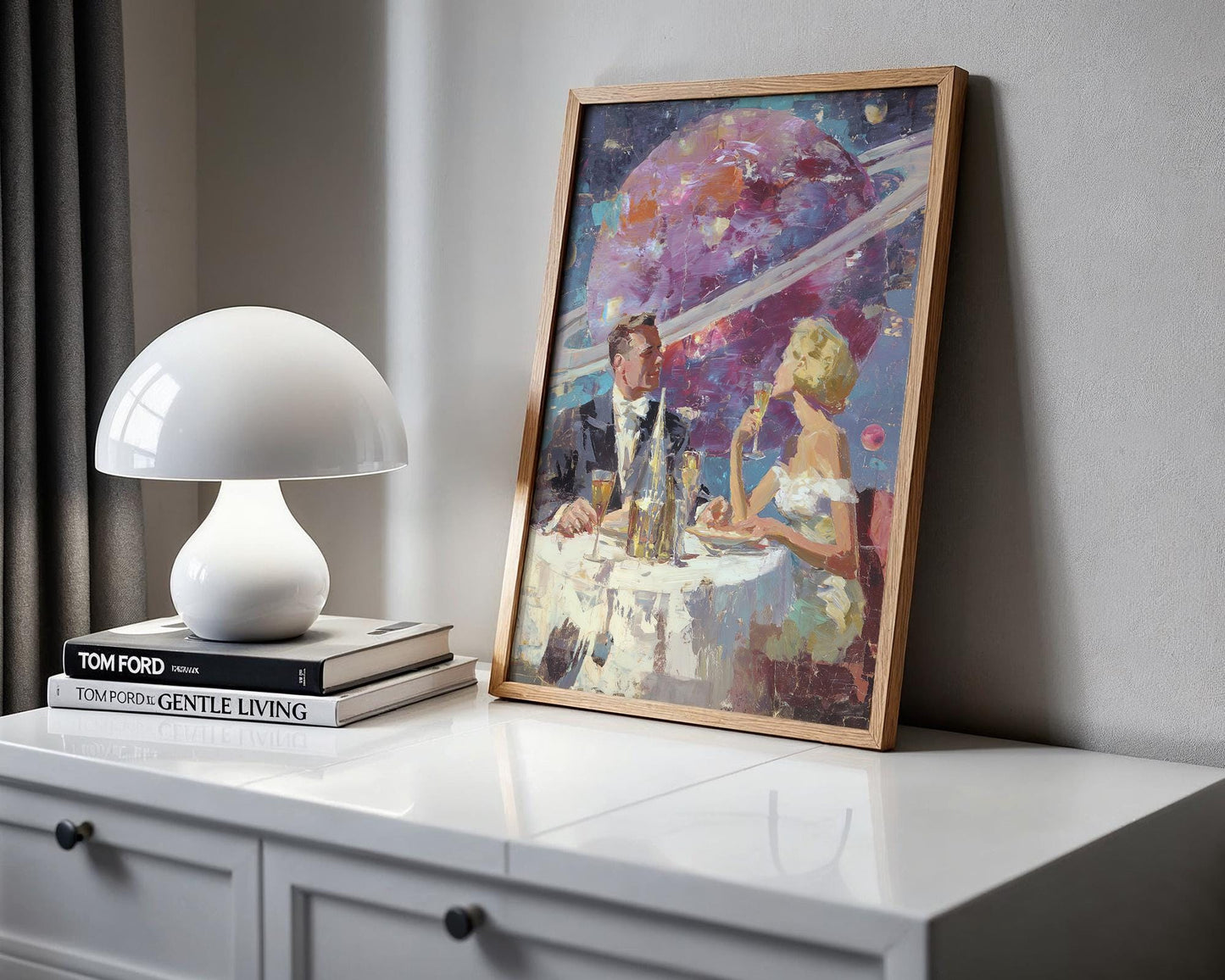 Space Date – Retro Futuristic Romantic Print - Acrylic Painting Style - Midcentury Couple Dining in Space - Saturn Wall Art - Intergalactic