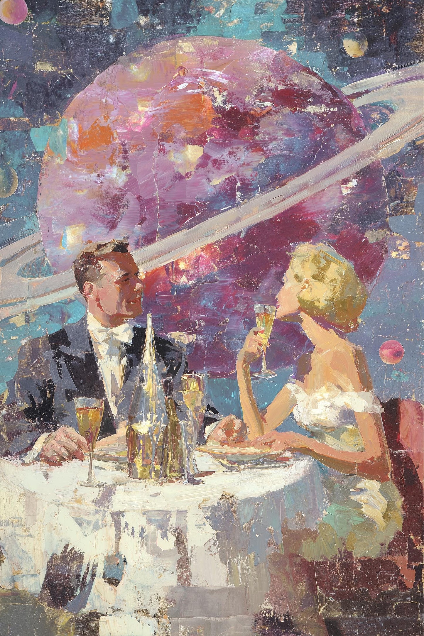 Space Date – Retro Futuristic Romantic Print - Acrylic Painting Style - Midcentury Couple Dining in Space - Saturn Wall Art - Intergalactic