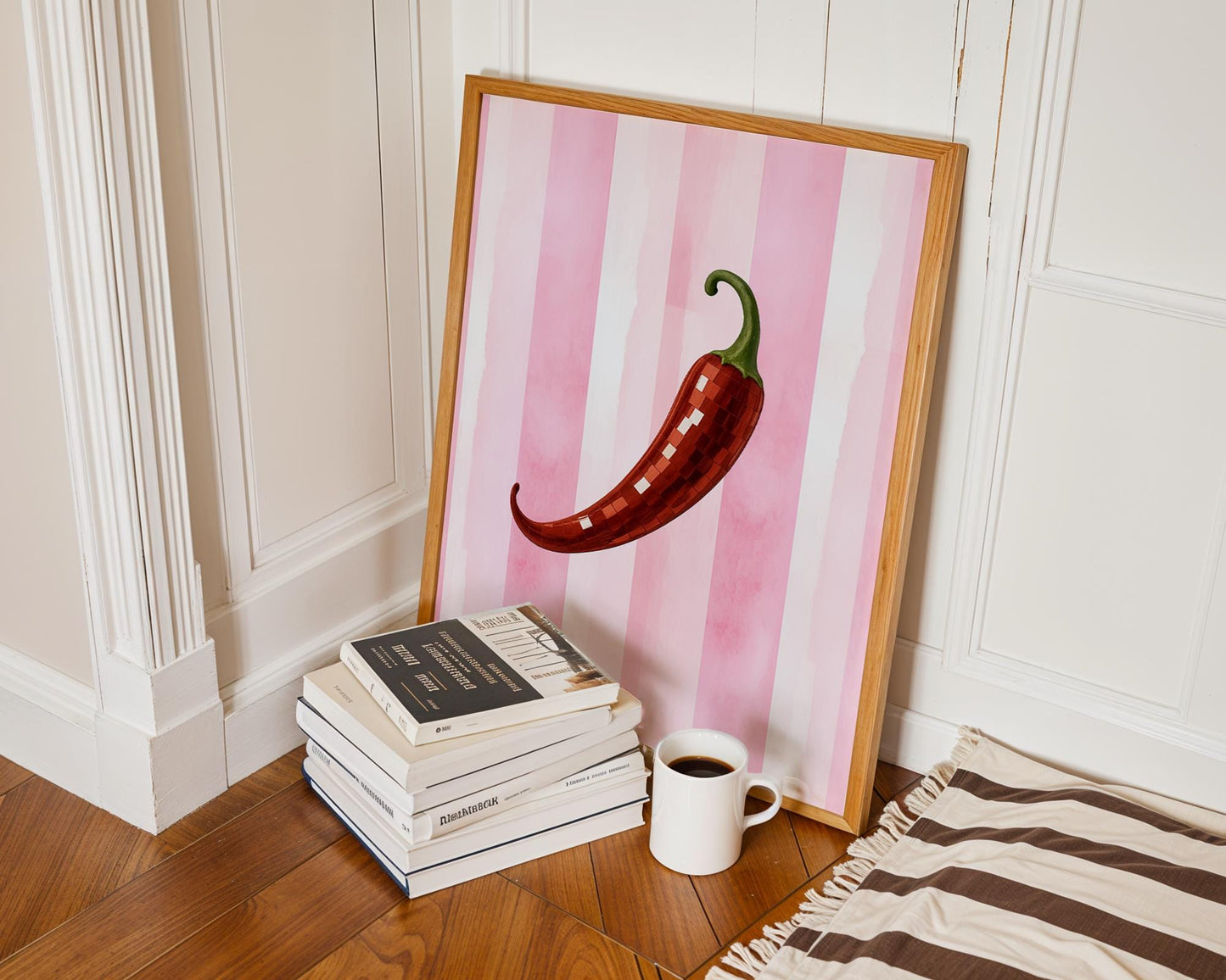 Disco Chili Pepper Wall Art – Funky Red Hot Pepper Print, Pink Striped Kitchen Decor, Retro Spicy Vegetable Poster, Y2K Aesthetic Art