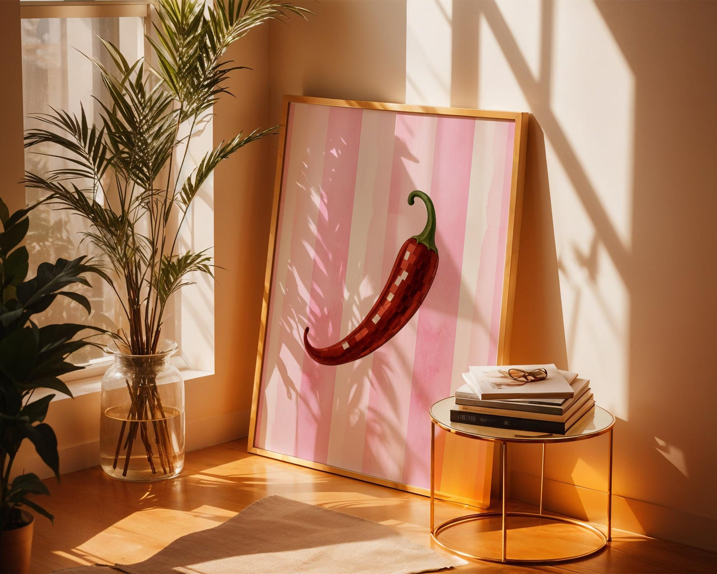 Disco Chili Pepper Wall Art – Funky Red Hot Pepper Print, Pink Striped Kitchen Decor, Retro Spicy Vegetable Poster, Y2K Aesthetic Art