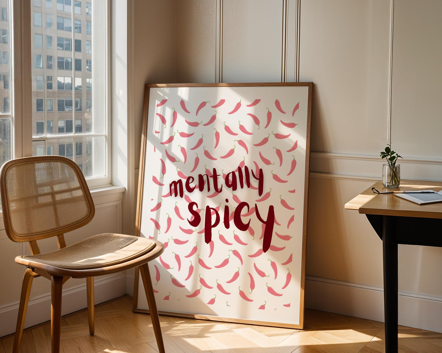 Mentally Spicy Wall Art Print – Funny Mental Health Quote Poster – Cute Chili Pepper Decor – Quirky Self-Care Aesthetic Room Decor
