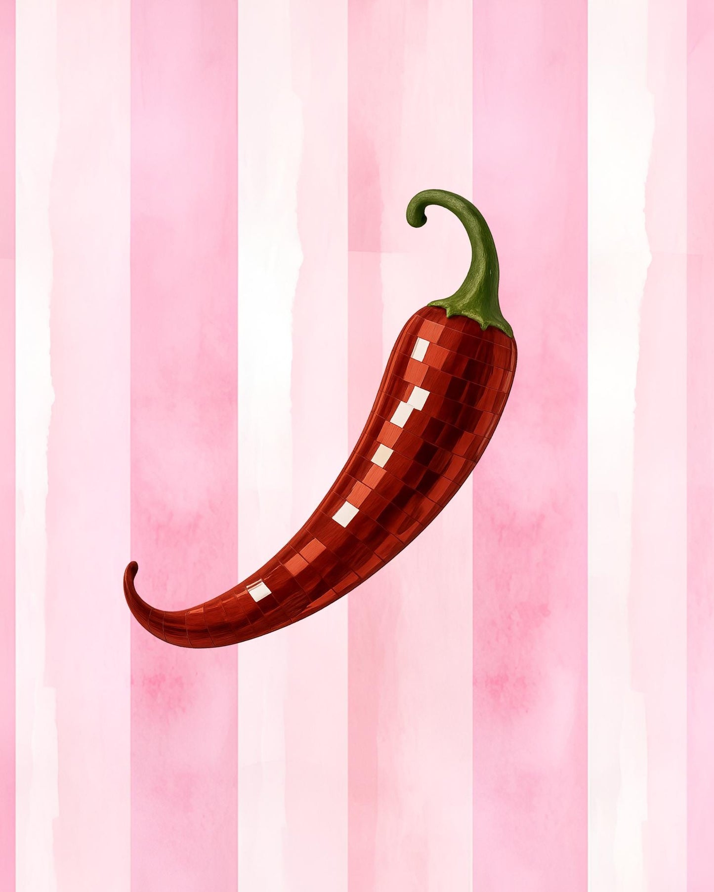 Disco Chili Pepper Wall Art – Funky Red Hot Pepper Print, Pink Striped Kitchen Decor, Retro Spicy Vegetable Poster, Y2K Aesthetic Art