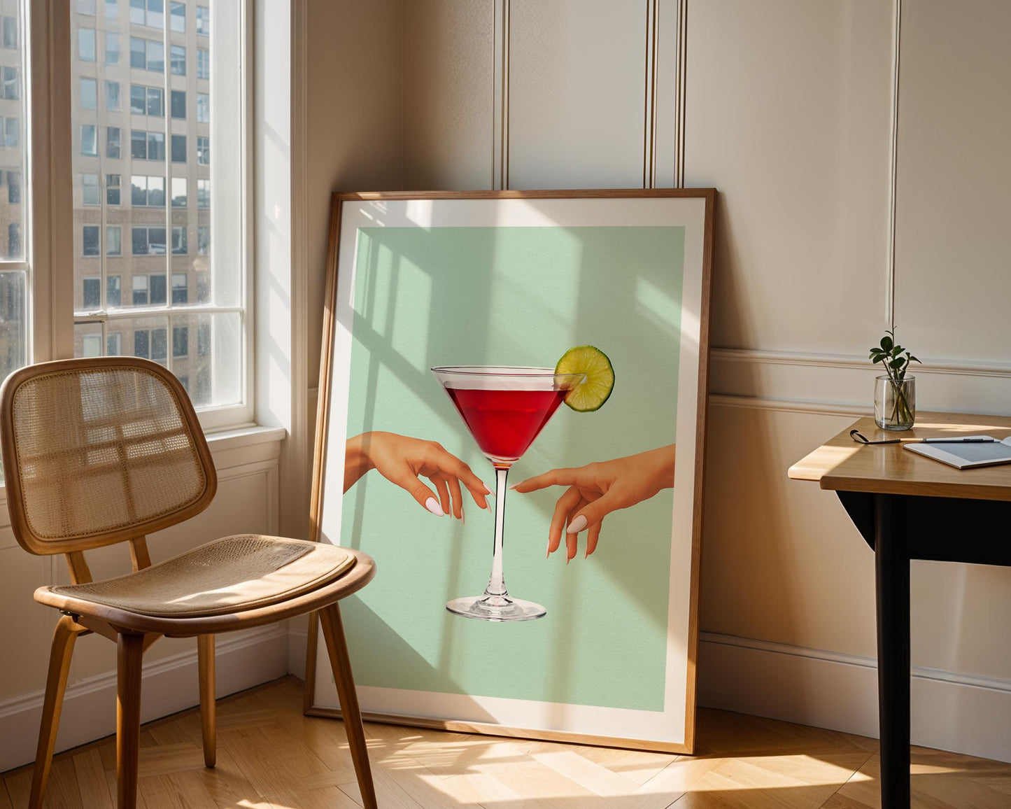 Cosmopolitan Cocktail Wall Art – Modern Feminine Martini Print with Lime, Elegant Hands Aesthetic, Pink Drink Bar Decor, Glam Kitchen Art