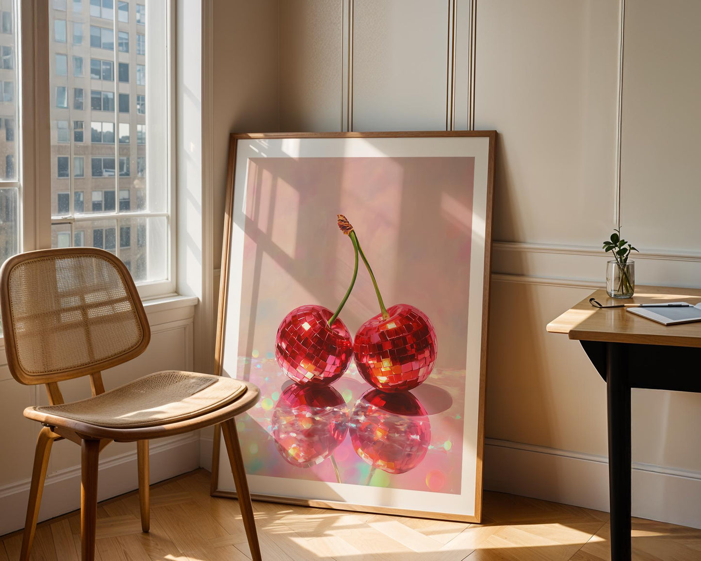 Cherry Disco Ball Art Print – Retro Red Cherries Wall Decor, Funky Fruit Pop Art, Glossy Painting Style, Vibrant Kitchen or Party Room Art