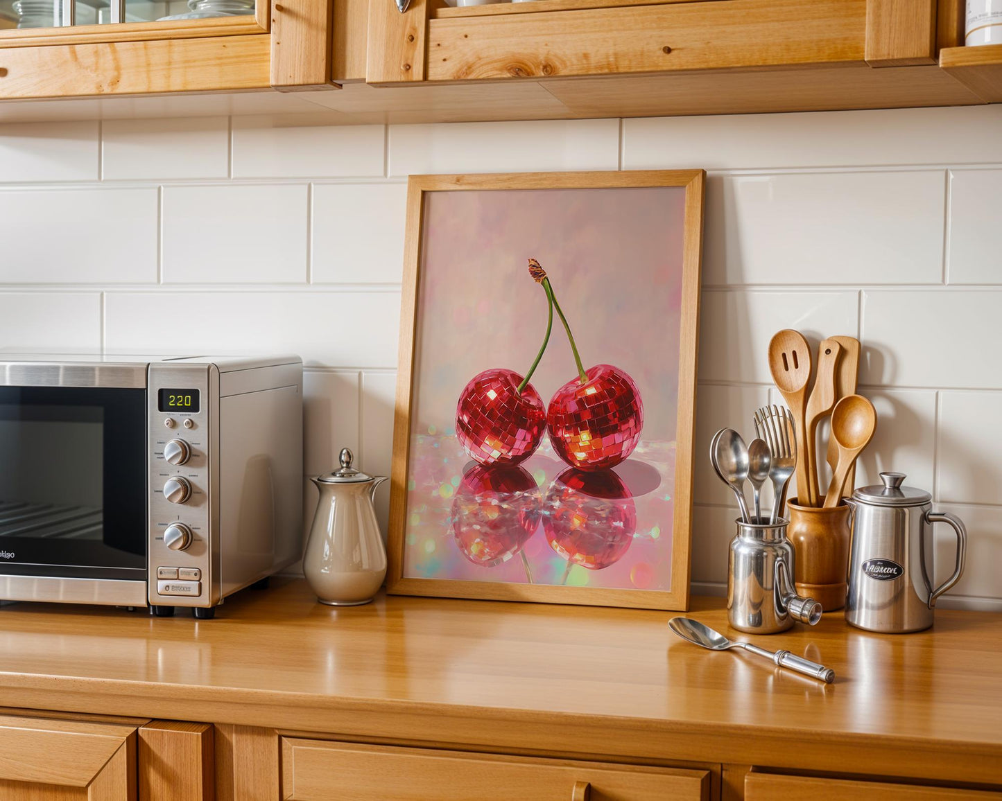 Cherry Disco Ball Art Print – Retro Red Cherries Wall Decor, Funky Fruit Pop Art, Glossy Painting Style, Vibrant Kitchen or Party Room Art