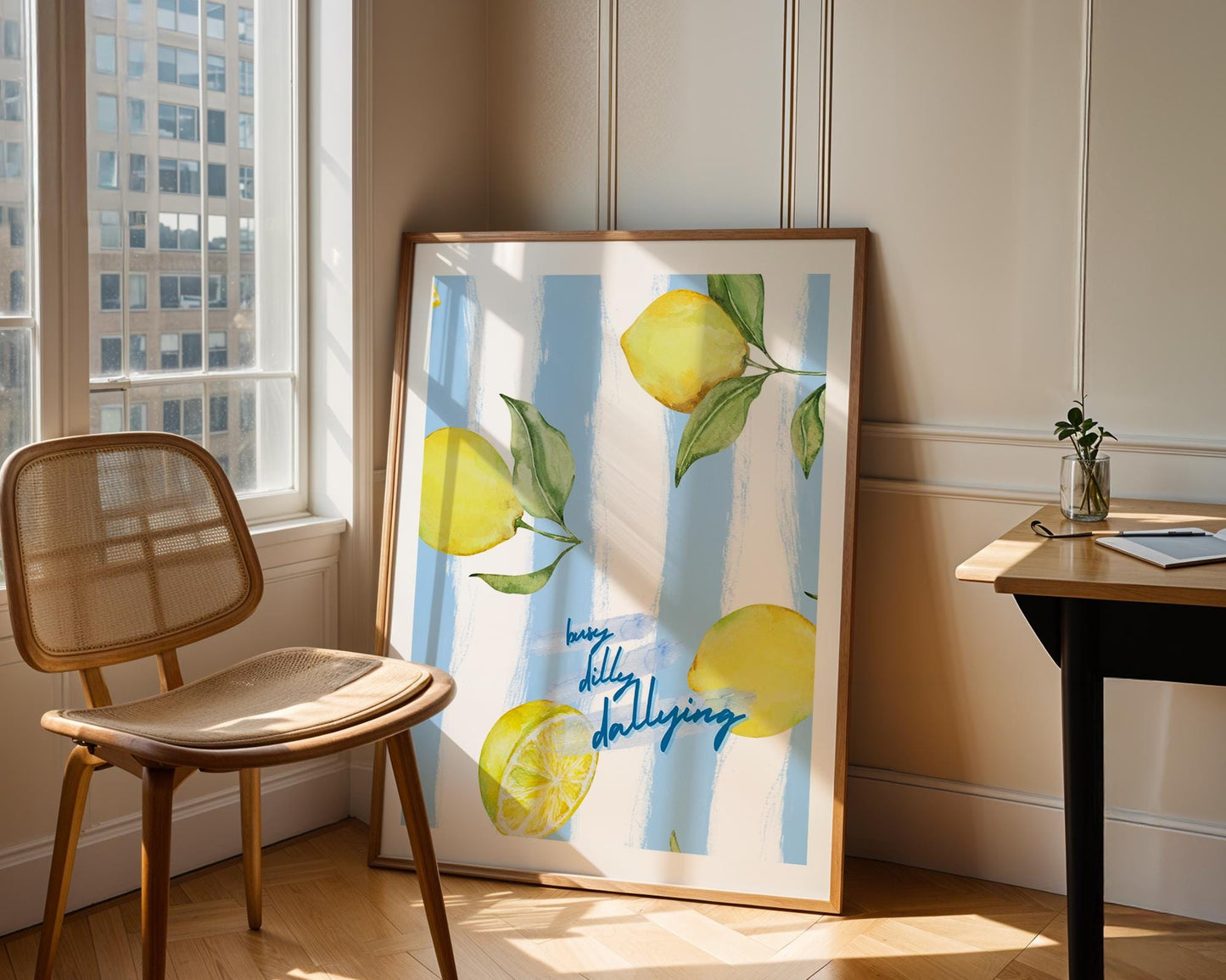 Busy Dilly Dallying Lemon Print | Whimsical Watercolor Fruit Art | Summer Kitchen Wall Decor | Blue Striped Citrus Poster