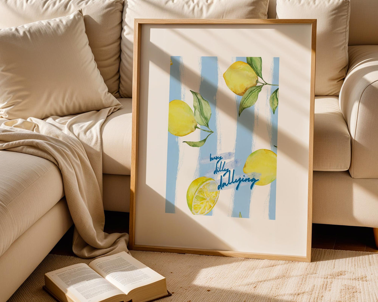 Busy Dilly Dallying Lemon Print | Whimsical Watercolor Fruit Art | Summer Kitchen Wall Decor | Blue Striped Citrus Poster
