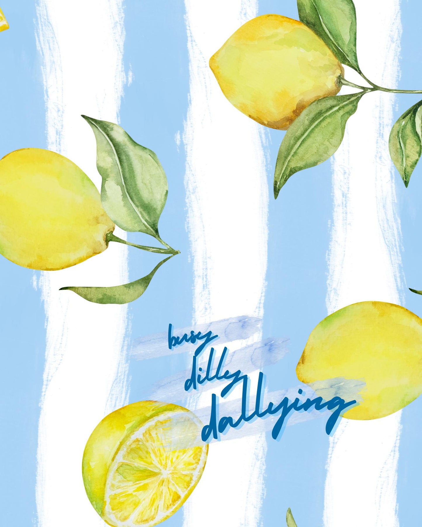 Busy Dilly Dallying Lemon Print | Whimsical Watercolor Fruit Art | Summer Kitchen Wall Decor | Blue Striped Citrus Poster