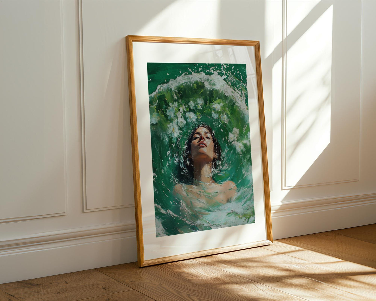 Woman in Water Oil Painting Print - Ethereal Female Portrait with Flowers, Green Aqua Brushstrokes, Dreamy Surreal Art Wall Decor