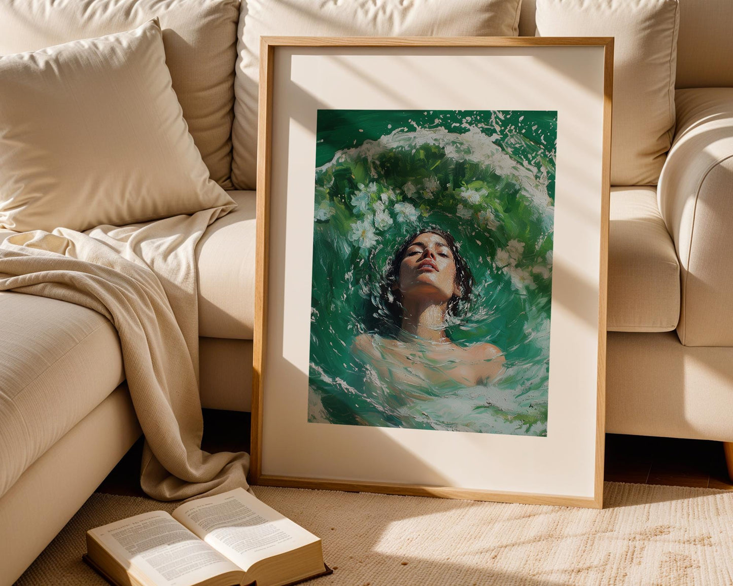 Woman in Water Oil Painting Print - Ethereal Female Portrait with Flowers, Green Aqua Brushstrokes, Dreamy Surreal Art Wall Decor