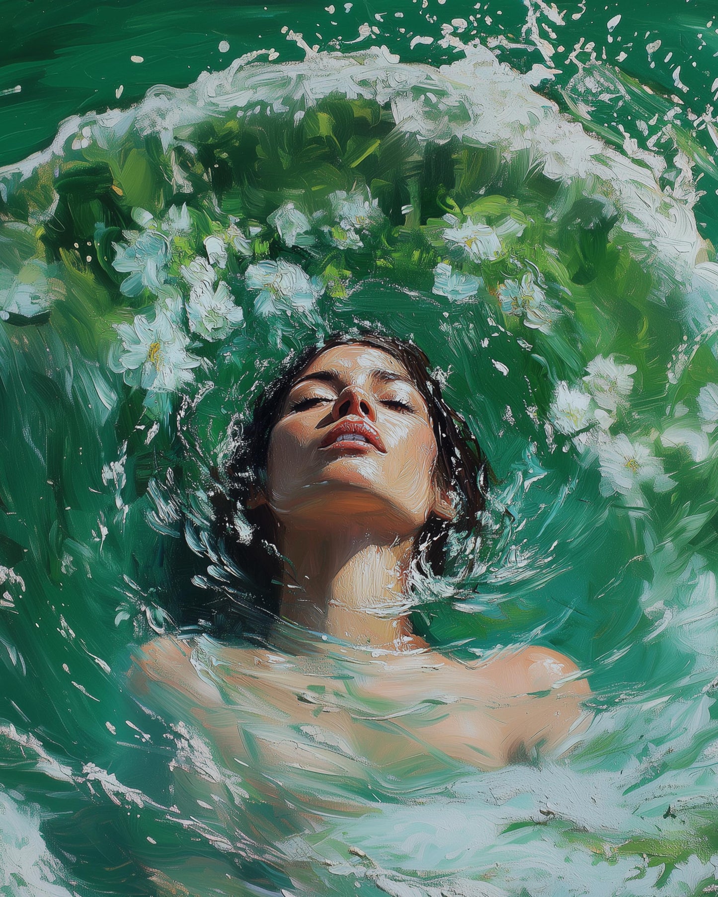 Woman in Water Oil Painting Print - Ethereal Female Portrait with Flowers, Green Aqua Brushstrokes, Dreamy Surreal Art Wall Decor