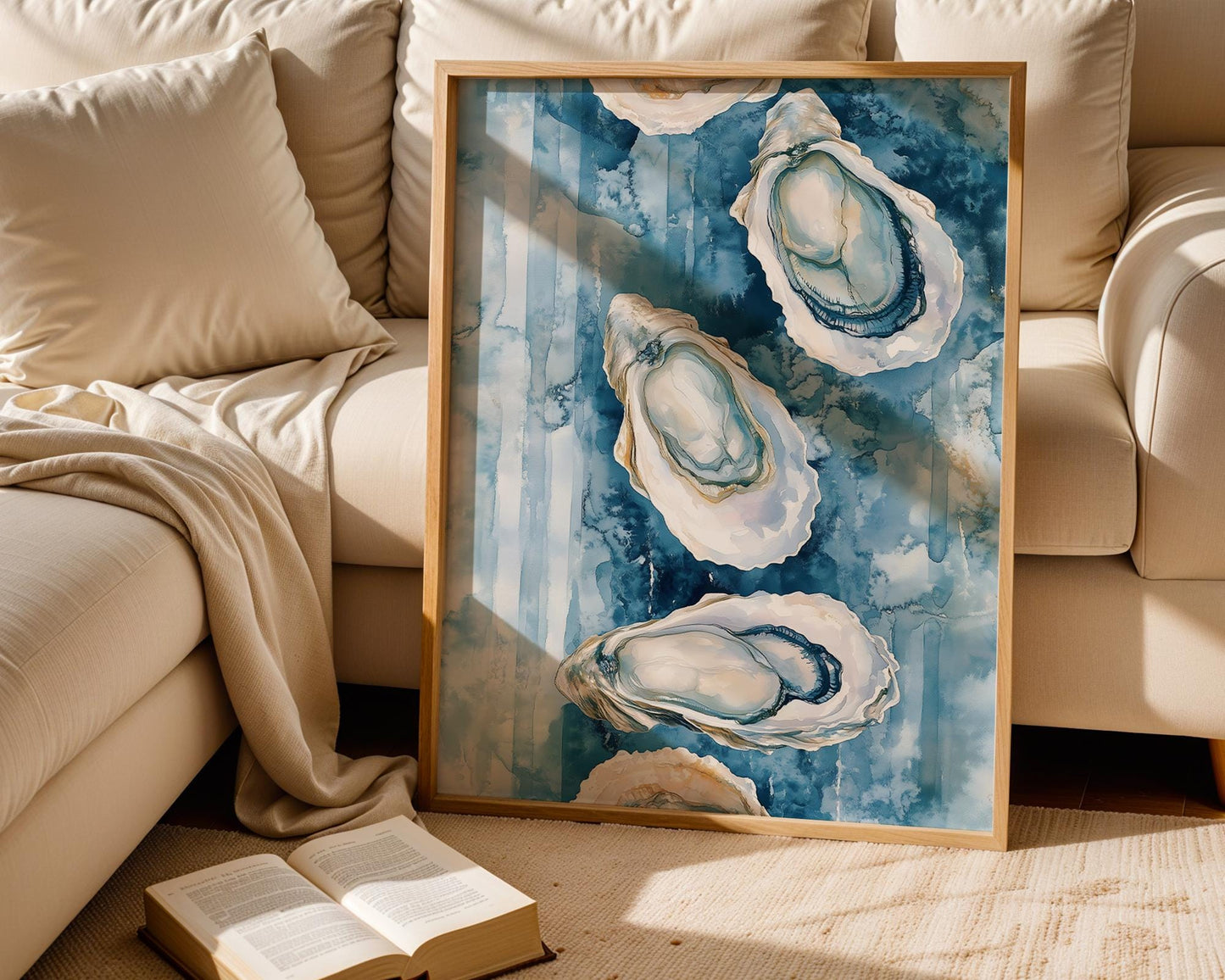 Oyster Watercolor Wall Art - Coastal Kitchen Decor - Blue Sea Shell Print