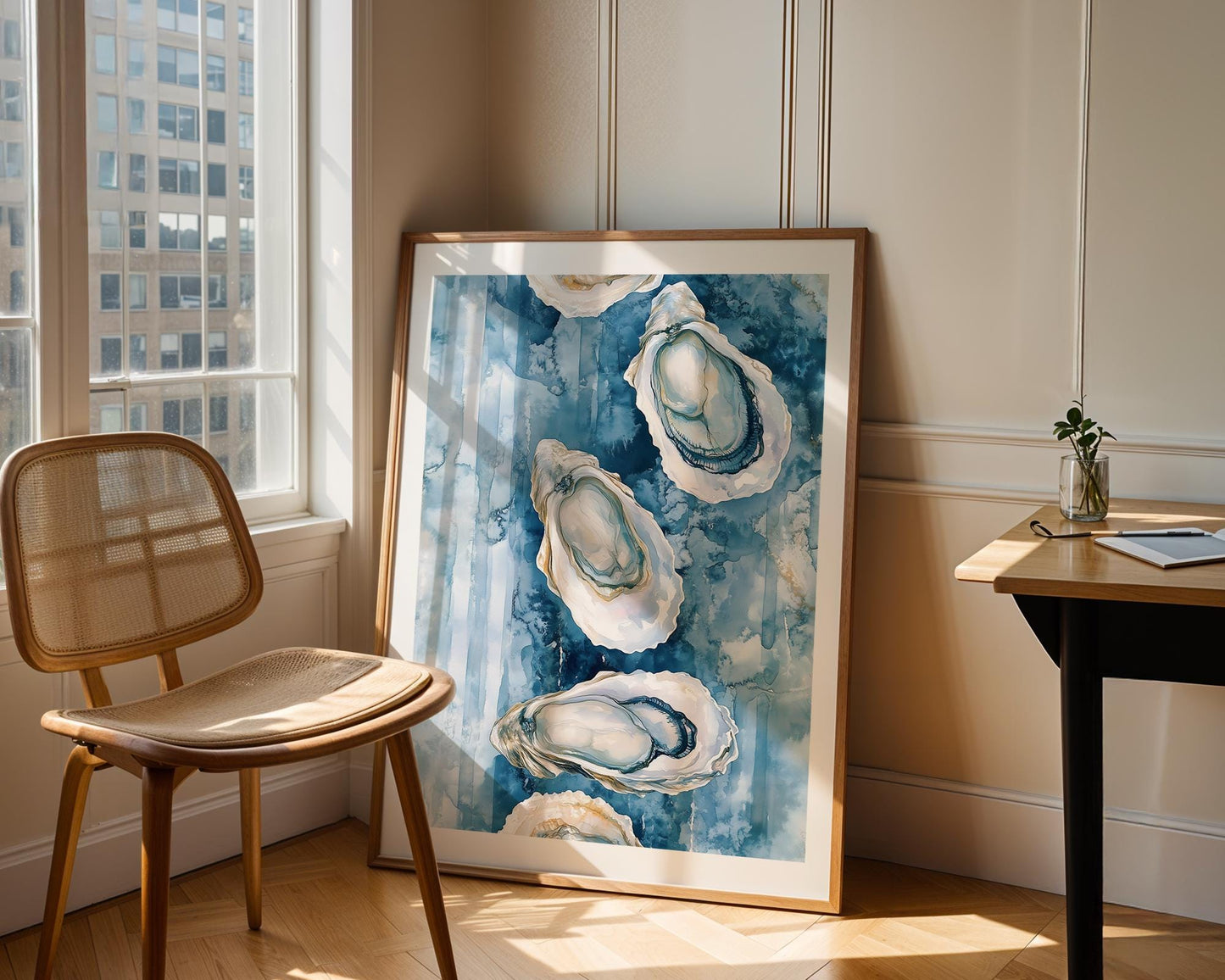Oyster Watercolor Wall Art - Coastal Kitchen Decor - Blue Sea Shell Print