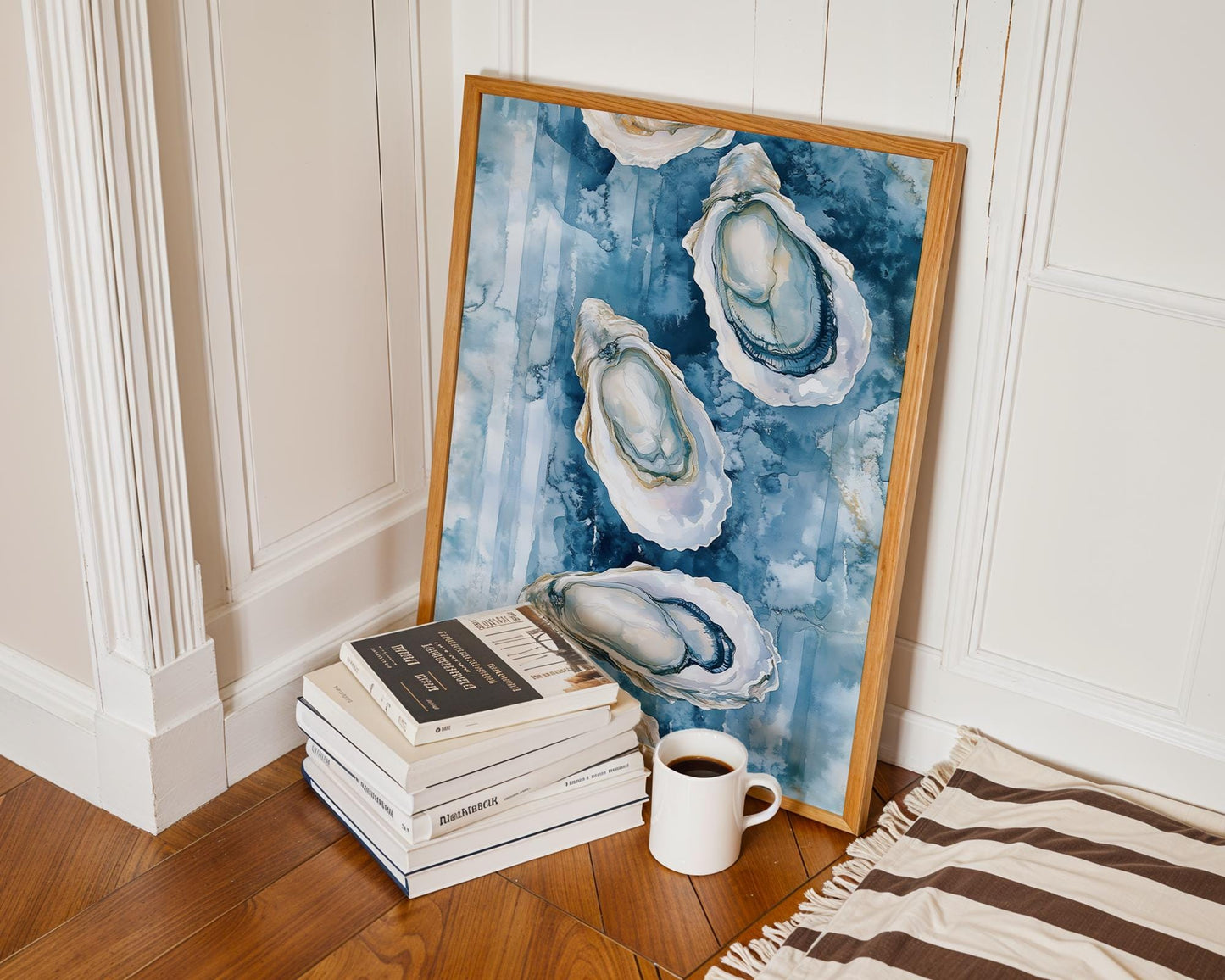 Oyster Watercolor Wall Art - Coastal Kitchen Decor - Blue Sea Shell Print