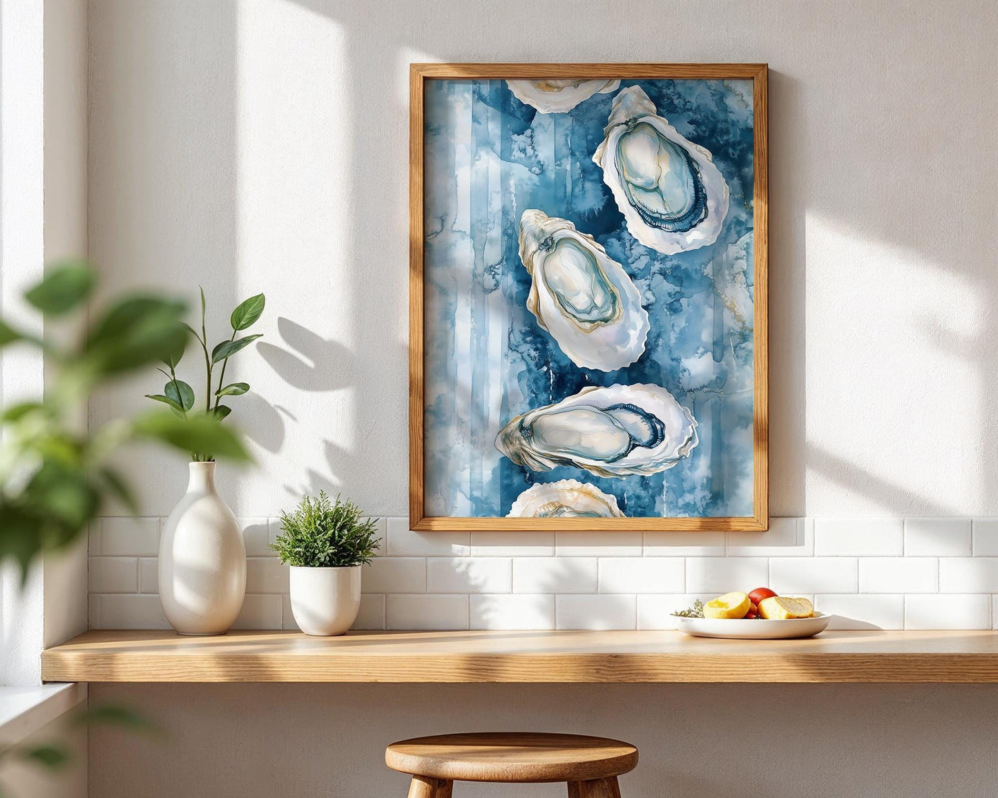 Oyster Watercolor Wall Art - Coastal Kitchen Decor - Blue Sea Shell Print
