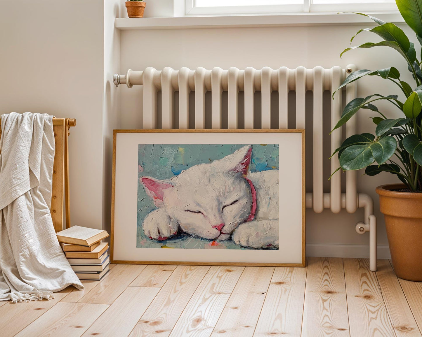 White Cat Sleeping – Acrylic Painting on Canvas, White Kitten Wall Art, Pink Collar Cat Art Print, Pet Lover Gift, Cat Portrait Decor