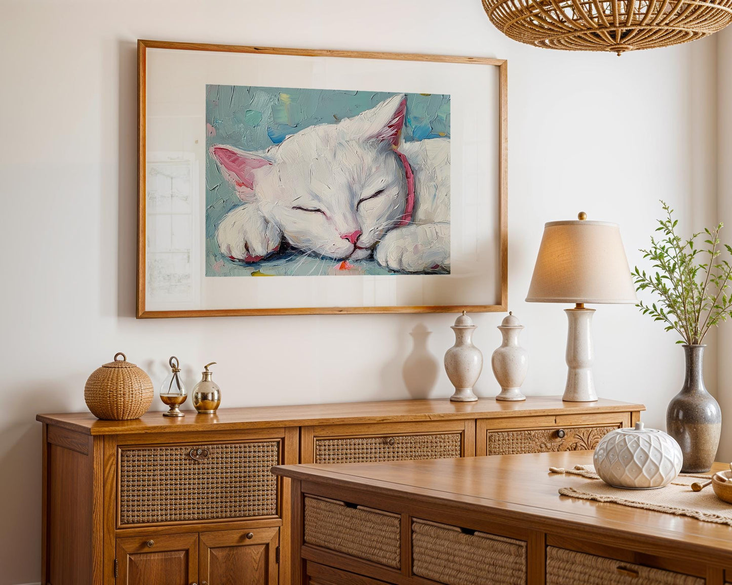 White Cat Sleeping – Acrylic Painting on Canvas, White Kitten Wall Art, Pink Collar Cat Art Print, Pet Lover Gift, Cat Portrait Decor
