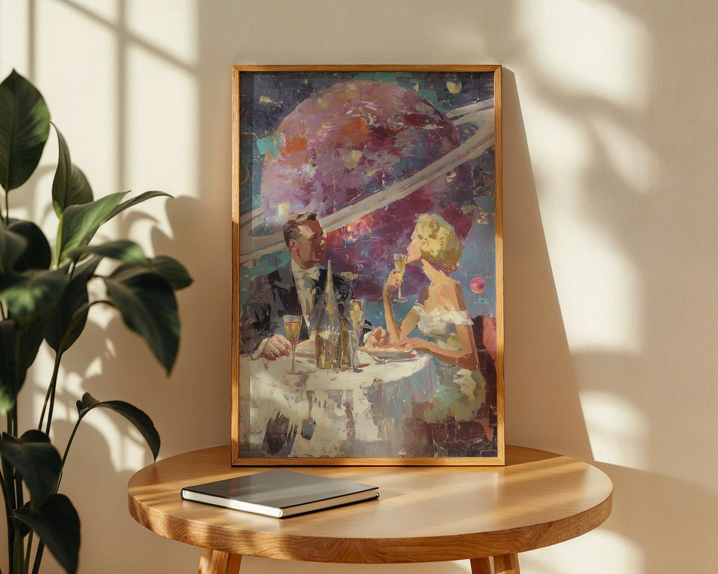 Space Date – Retro Futuristic Romantic Print - Acrylic Painting Style - Midcentury Couple Dining in Space - Saturn Wall Art - Intergalactic