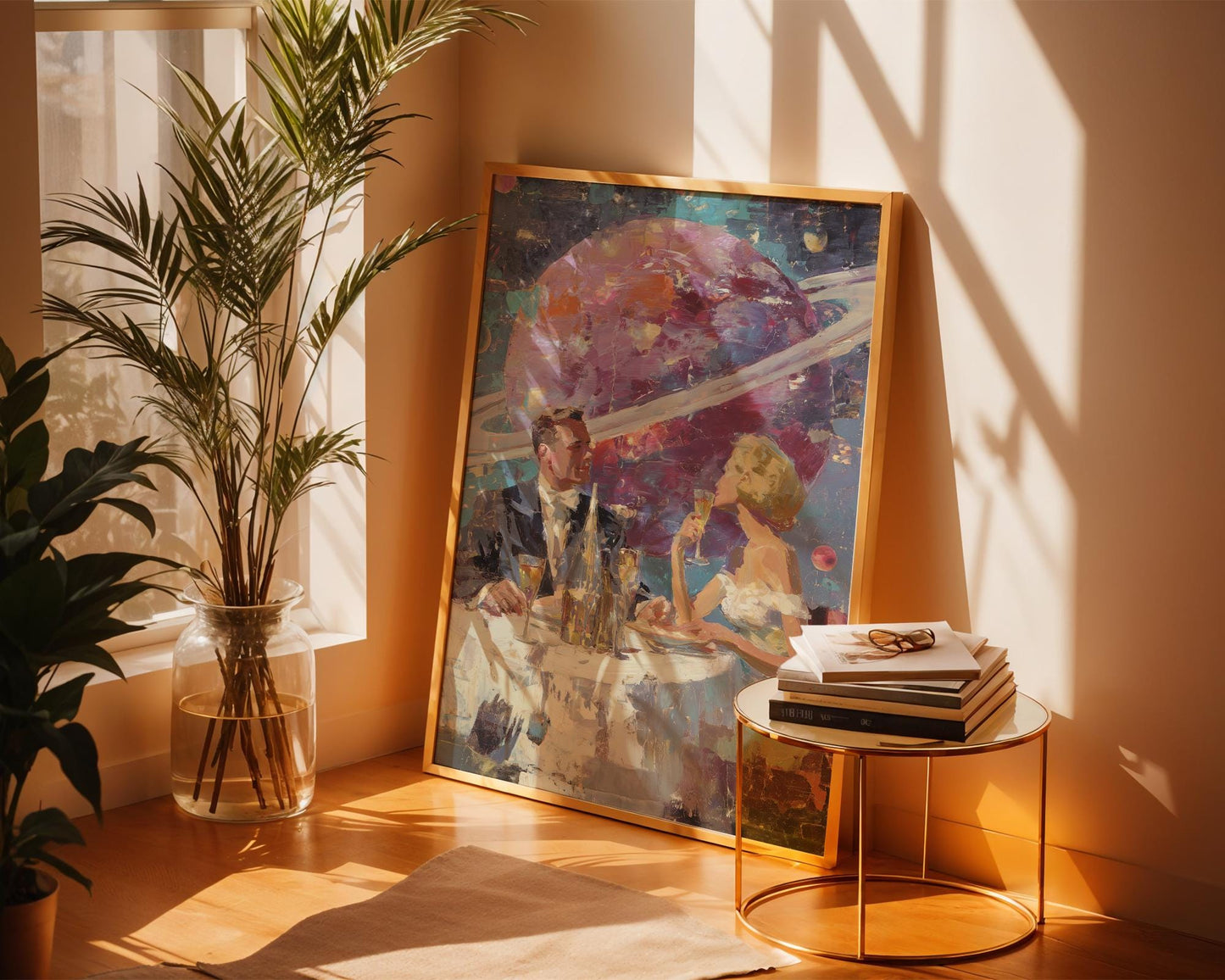 Space Date – Retro Futuristic Romantic Print - Acrylic Painting Style - Midcentury Couple Dining in Space - Saturn Wall Art - Intergalactic