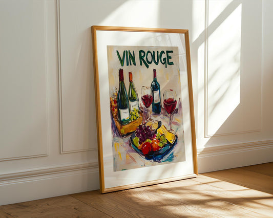 Vintage Wine Cheese Acrylic Painting – Abstract Red Wine Art, Vin Rouge Wall Decor, French Kitchen Artwork, Grape Wine Canvas Print