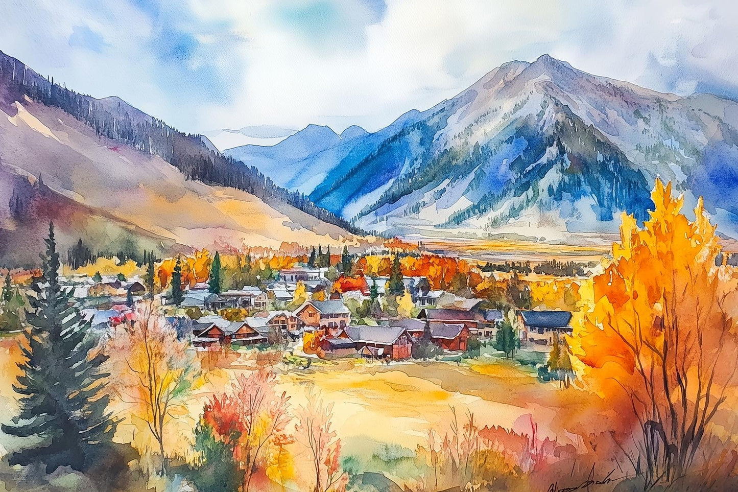 Jackson Hole Wyoming Watercolor Print – Fall Mountain Landscape Wall Art, Rustic Cabin Decor, Autumn Nature Painting, Western Home Deco