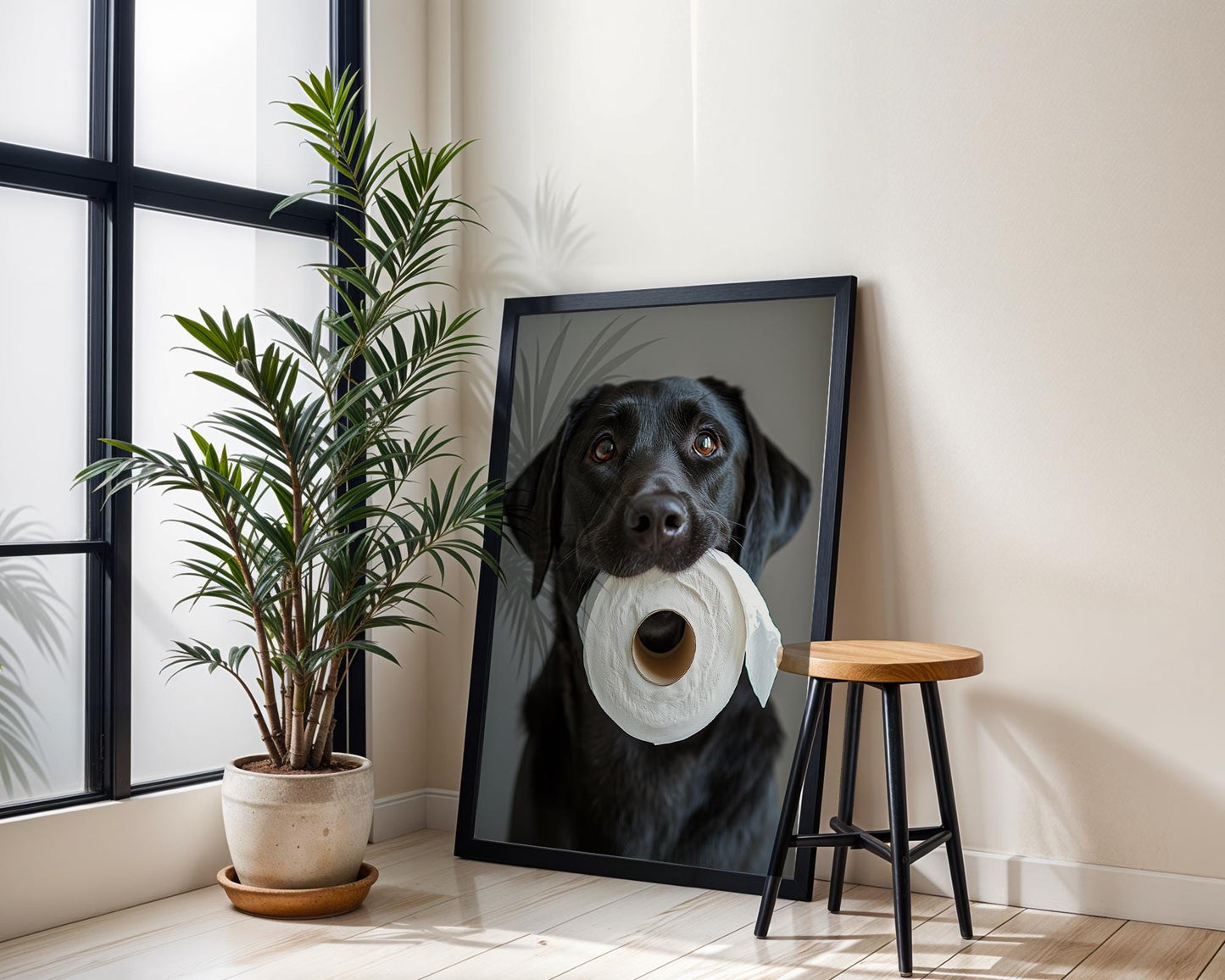 Black Labrador Holding Toilet Paper – Funny Dog Bathroom Wall Art, Cute Lab Print for Dog Lovers, Unframed Pet Photography Decor