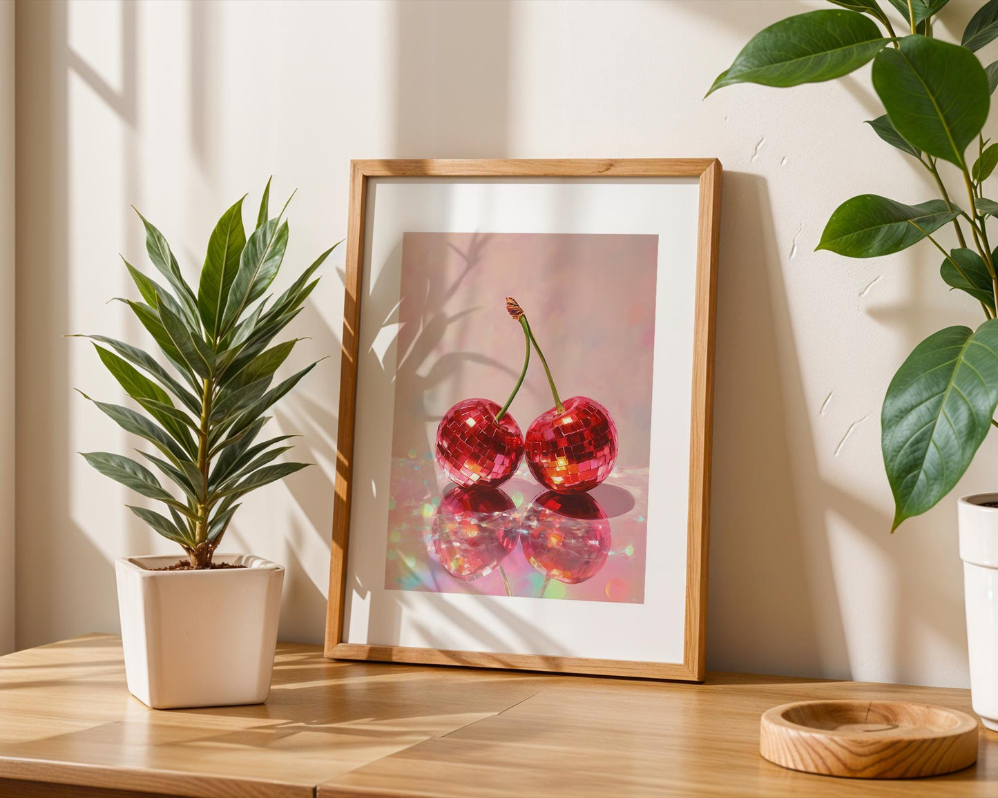 Cherry Disco Ball Art Print – Retro Red Cherries Wall Decor, Funky Fruit Pop Art, Glossy Painting Style, Vibrant Kitchen or Party Room Art