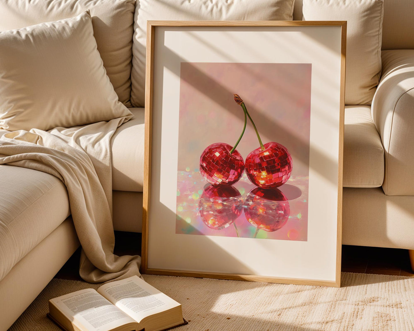 Cherry Disco Ball Art Print – Retro Red Cherries Wall Decor, Funky Fruit Pop Art, Glossy Painting Style, Vibrant Kitchen or Party Room Art