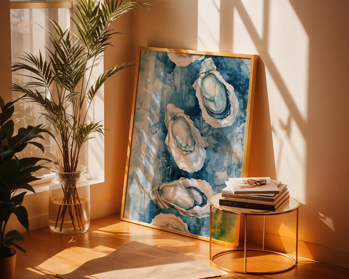 Oyster Watercolor Wall Art - Coastal Kitchen Decor - Blue Sea Shell Print
