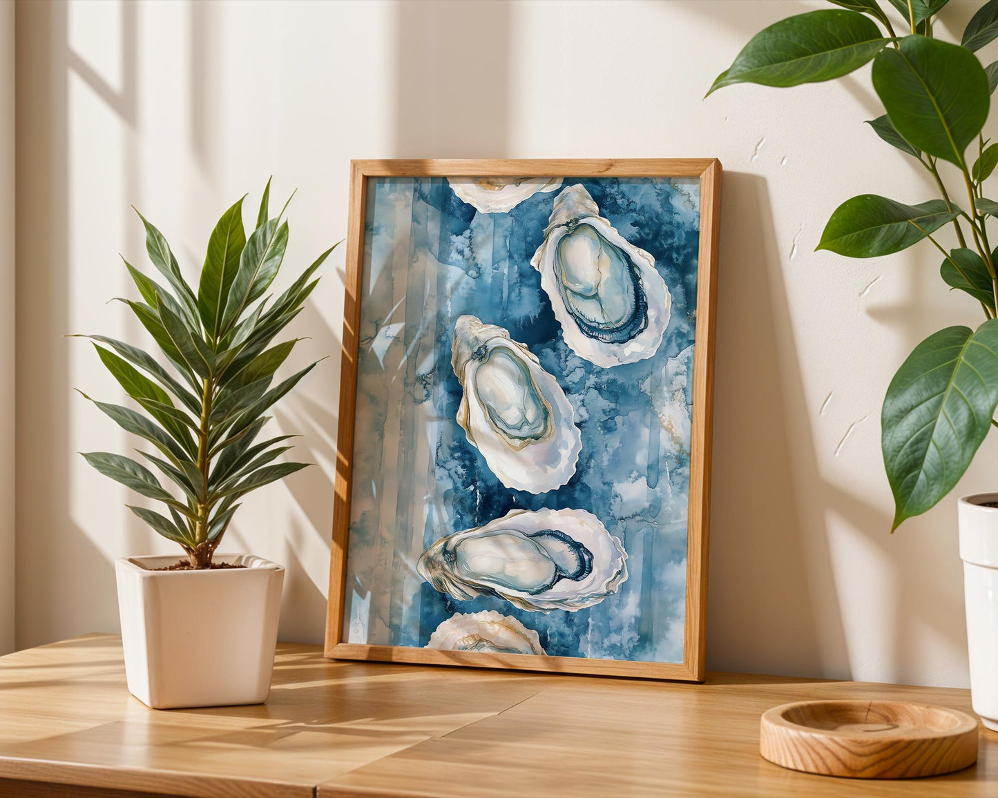 Oyster Watercolor Wall Art - Coastal Kitchen Decor - Blue Sea Shell Print