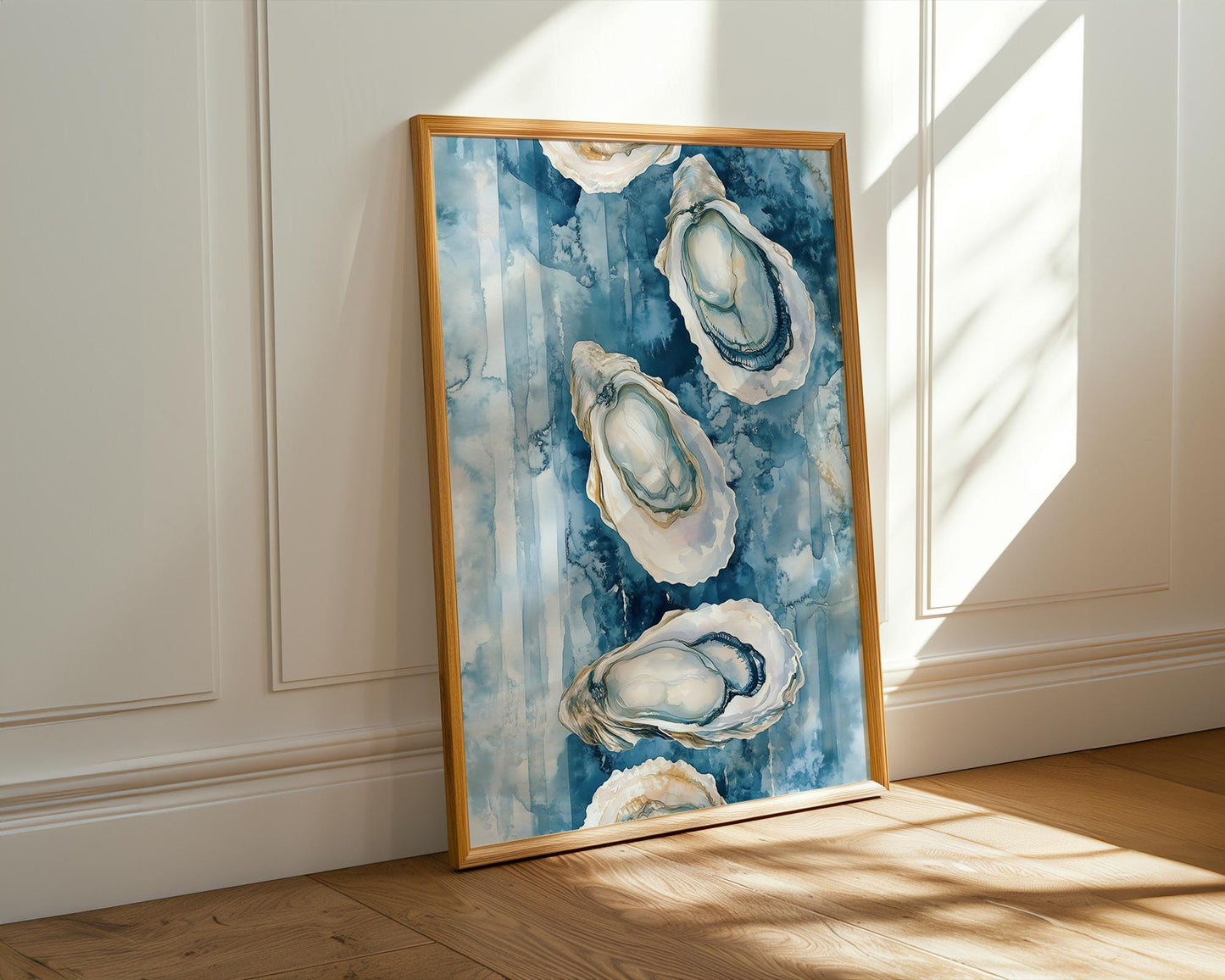 Oyster Watercolor Wall Art - Coastal Kitchen Decor - Blue Sea Shell Print