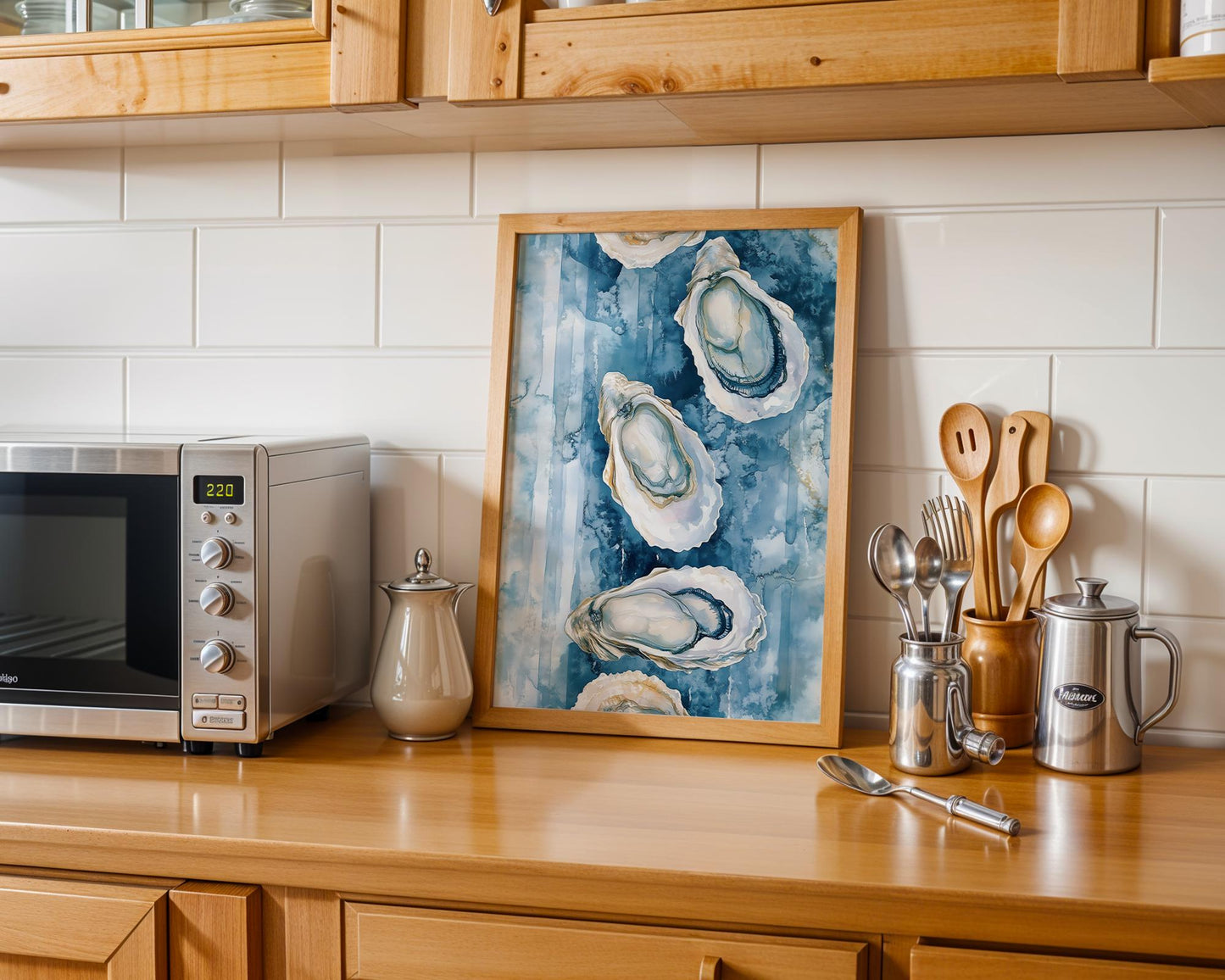 Oyster Watercolor Wall Art - Coastal Kitchen Decor - Blue Sea Shell Print