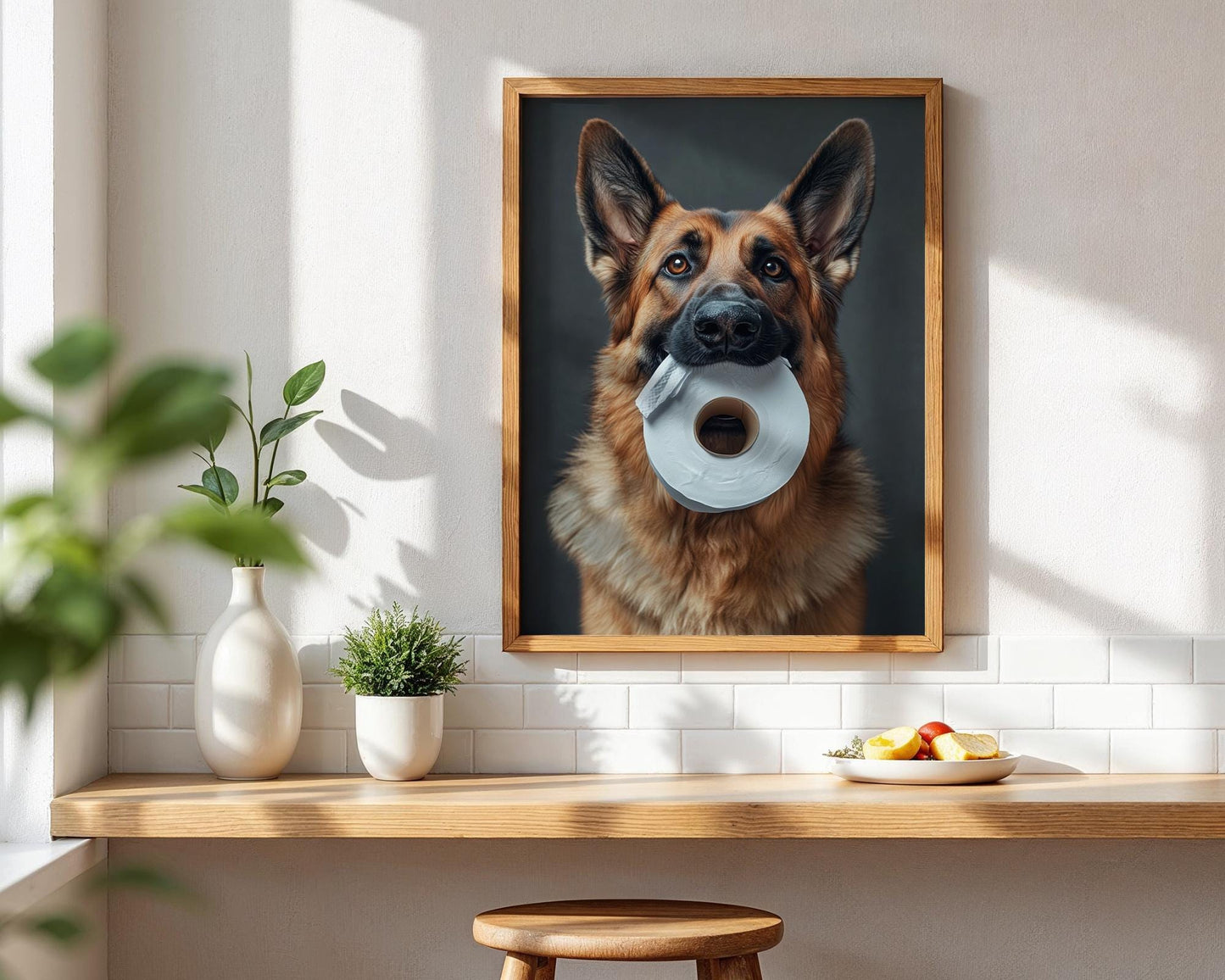 Funny German Shepherd Dog Holding Toilet Paper Roll – Cute Pet Wall Art, Gag Gift, Bathroom Decor for Dog Lovers
