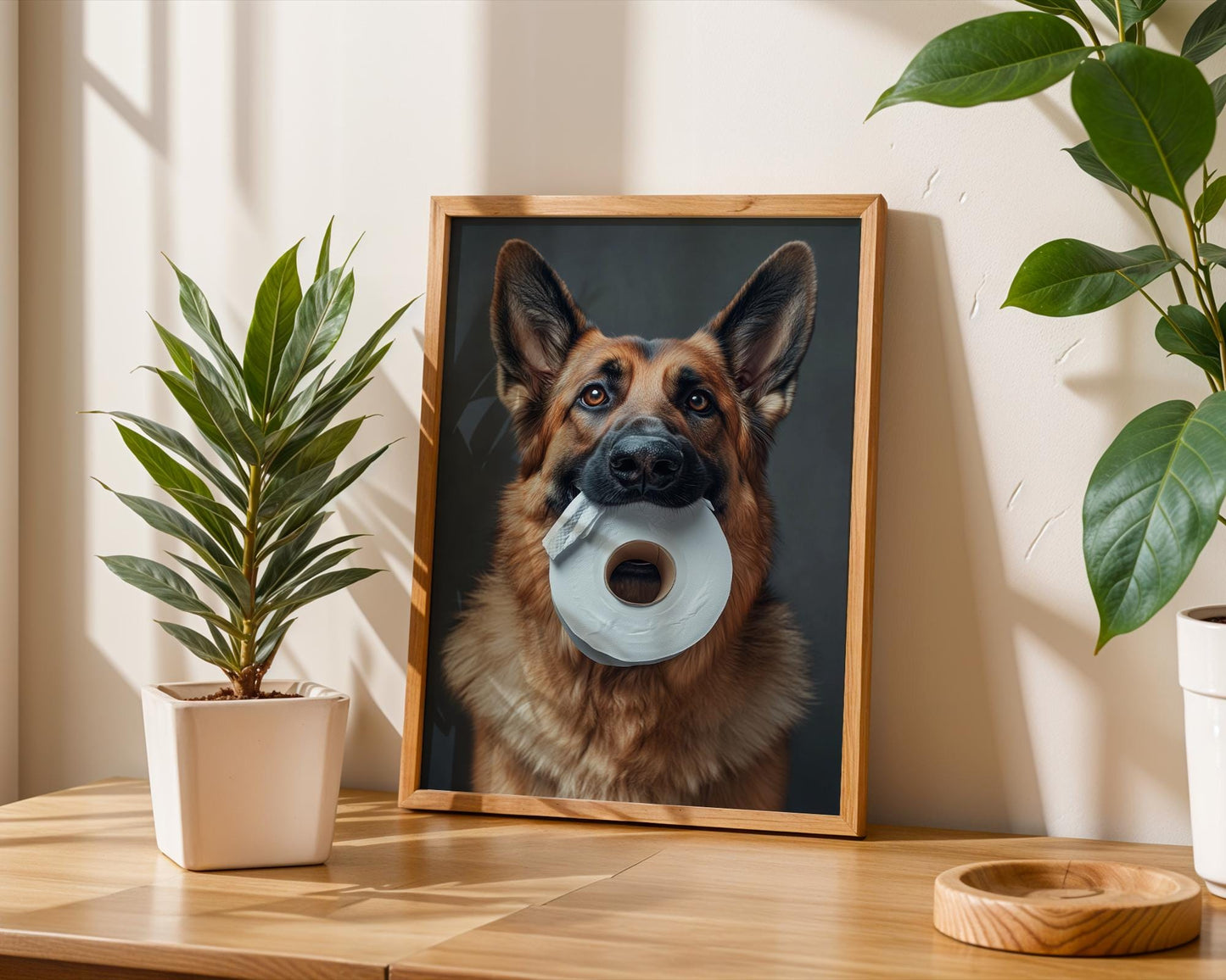 Funny German Shepherd Dog Holding Toilet Paper Roll – Cute Pet Wall Art, Gag Gift, Bathroom Decor for Dog Lovers