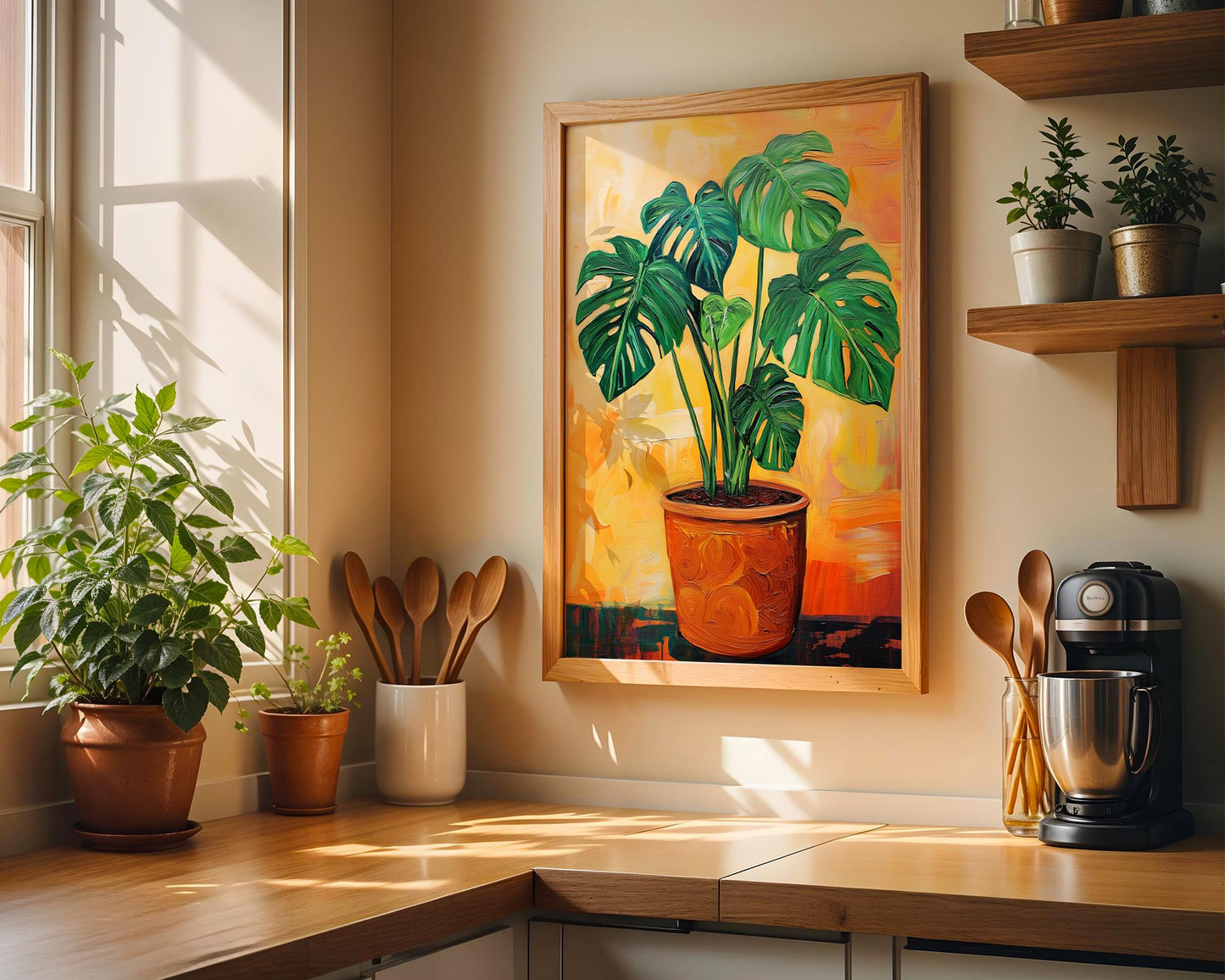 Monstera Plant Wall Art Print – Tropical Acrylic Painting, Botanical Jungle Decor, Boho Plant Lover Gift, Orange Background Art