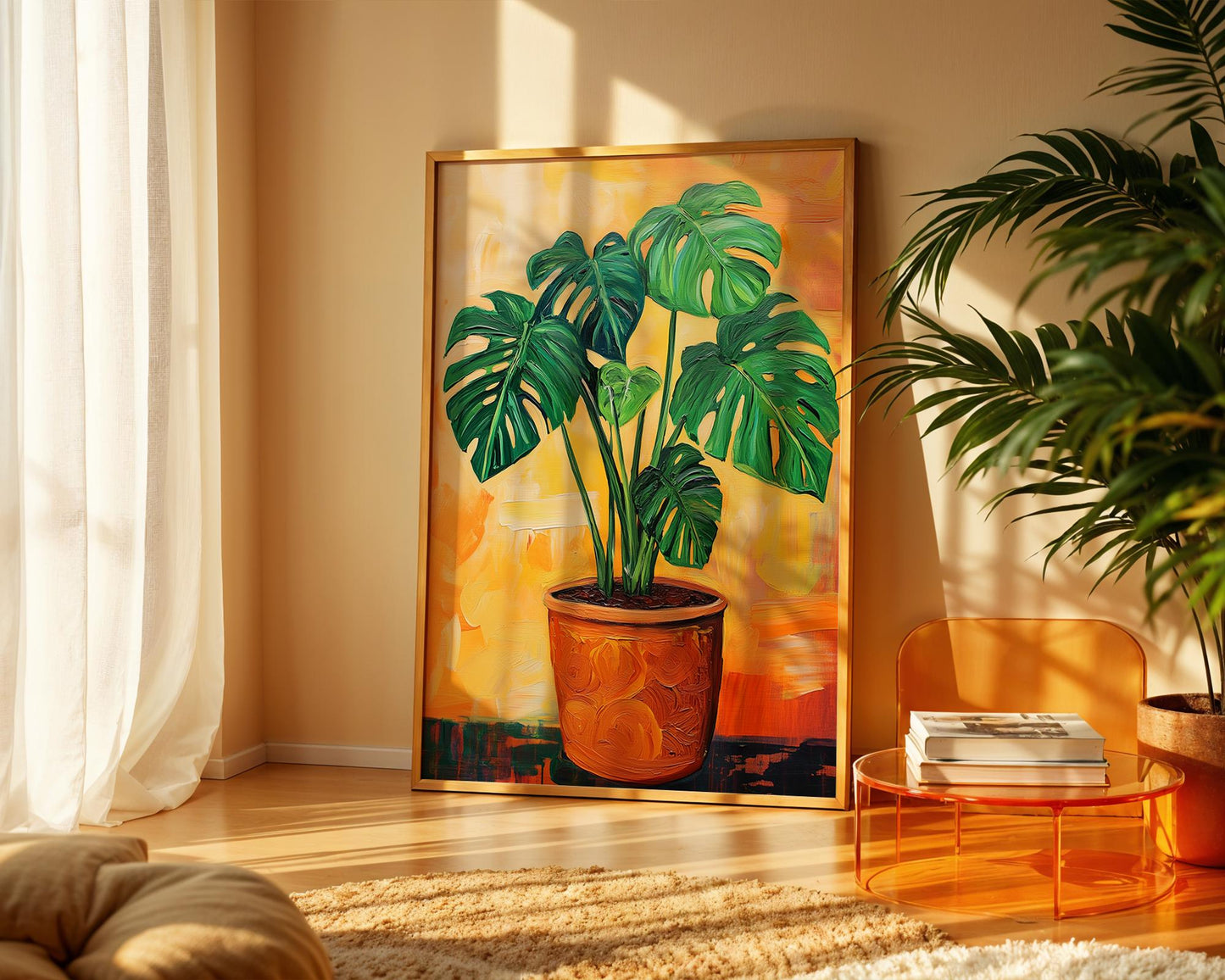 Monstera Plant Wall Art Print – Tropical Acrylic Painting, Botanical Jungle Decor, Boho Plant Lover Gift, Orange Background Art