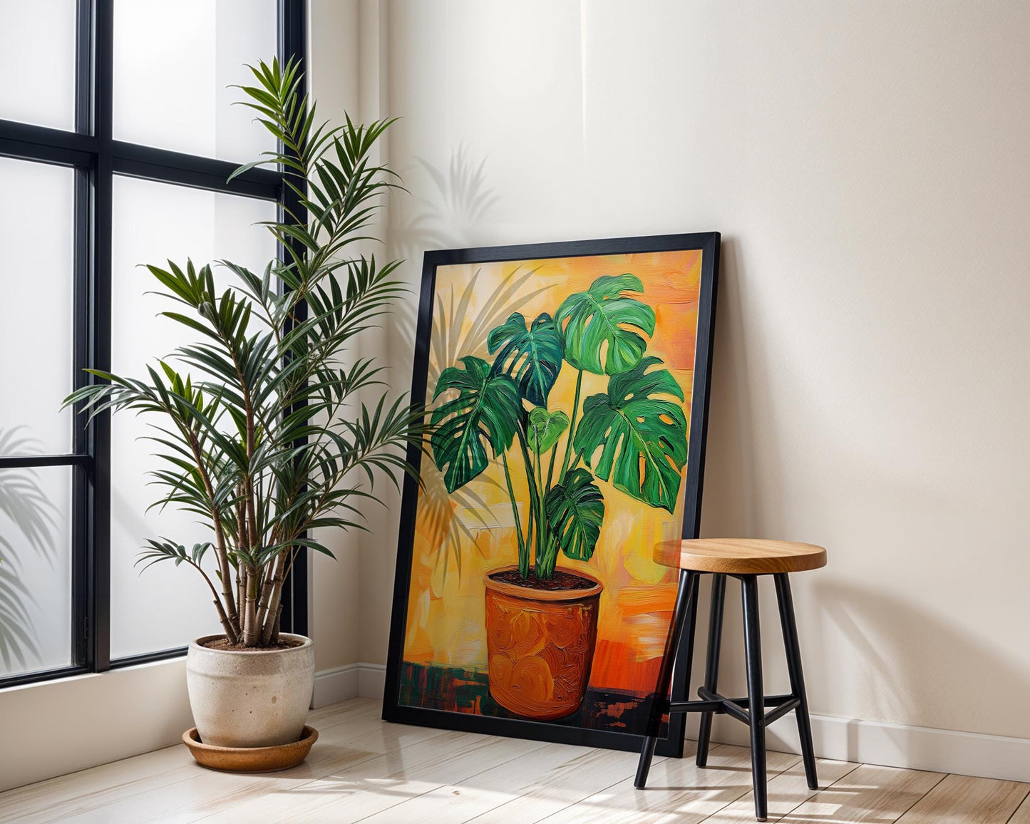 Monstera Plant Wall Art Print – Tropical Acrylic Painting, Botanical Jungle Decor, Boho Plant Lover Gift, Orange Background Art