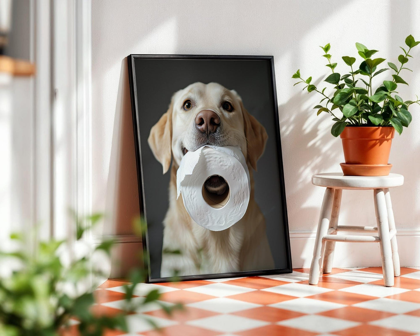 Yellow Lab Dog with Toilet Paper – Funny Labrador Bathroom Wall Art Print, Gag Gift for Dog Lovers, Cute Golden Retriever Decor