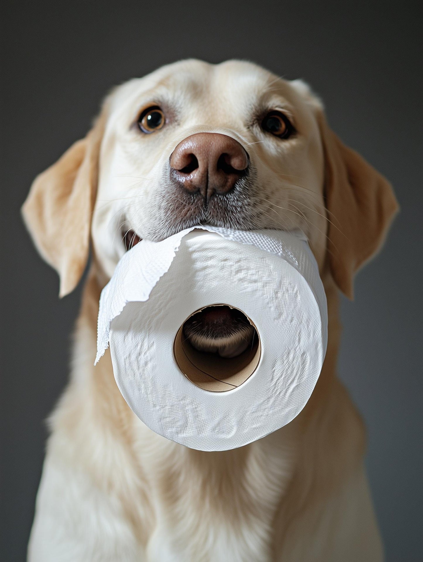 Yellow Lab Dog with Toilet Paper – Funny Labrador Bathroom Wall Art Print, Gag Gift for Dog Lovers, Cute Golden Retriever Decor