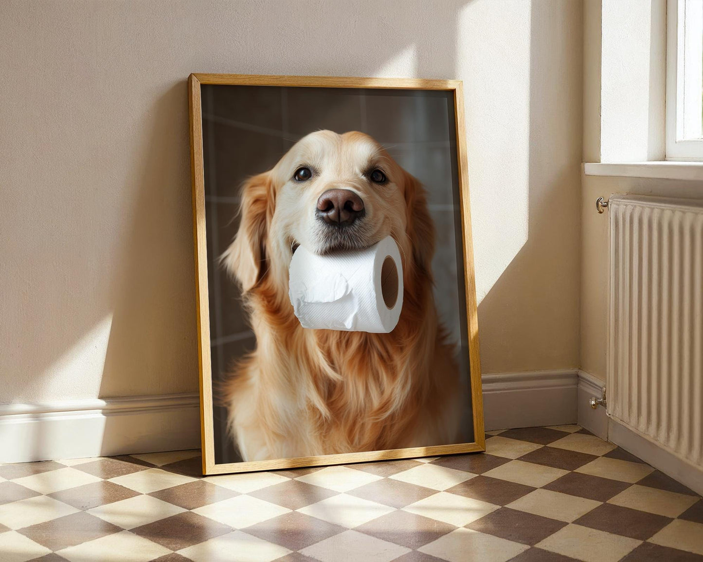 Golden Retriever Holding Toilet Paper Roll – Funny Dog Bathroom Wall Art, Cute Pet Photography, Golden Retriever Decor for Dog Lovers