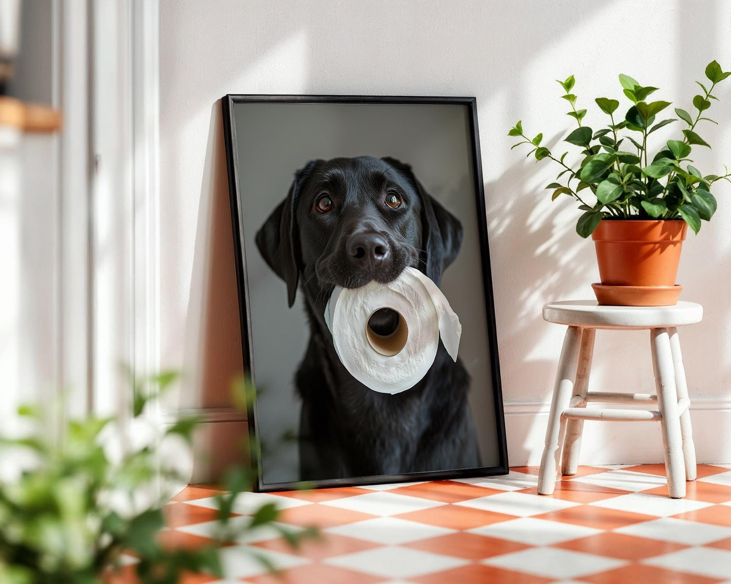Black Labrador Holding Toilet Paper – Funny Dog Bathroom Wall Art, Cute Lab Print for Dog Lovers, Unframed Pet Photography Decor