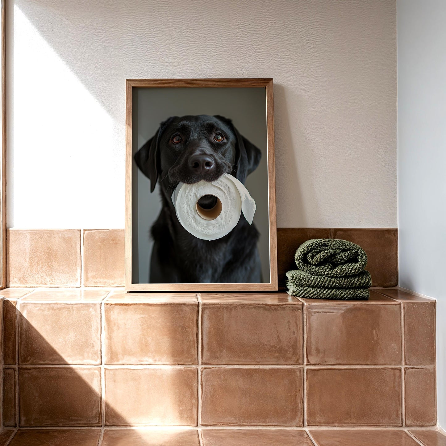 Black Labrador Holding Toilet Paper – Funny Dog Bathroom Wall Art, Cute Lab Print for Dog Lovers, Unframed Pet Photography Decor