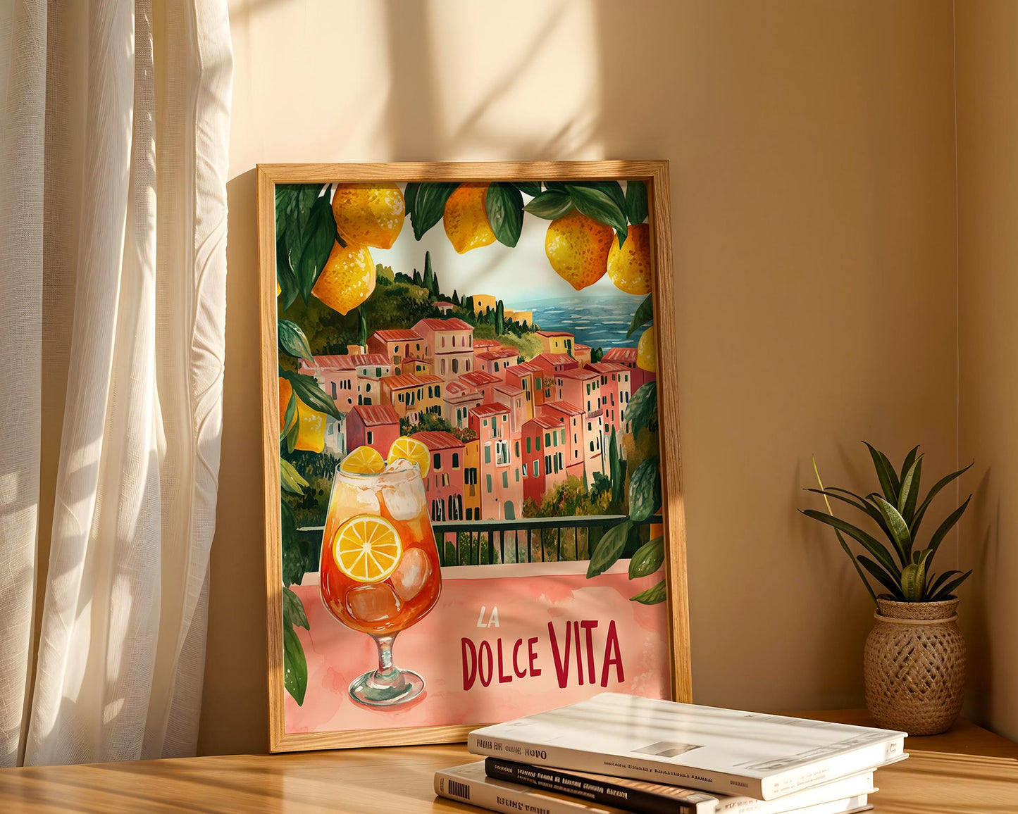 La Dolce Vita Mediterranean Print – Italian Coast Poster, Lemon Art, Aperol Spritz Illustration, Amalfi Coast Wall Decor Kitchen or Bar Art