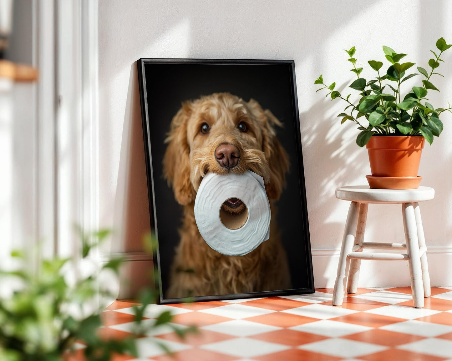 Goldendoodle Holding Toilet Paper – Funny Dog Bathroom Wall Art, Cute Golden Doodle Print for Dog Lovers, Unframed Pet Photography Decor
